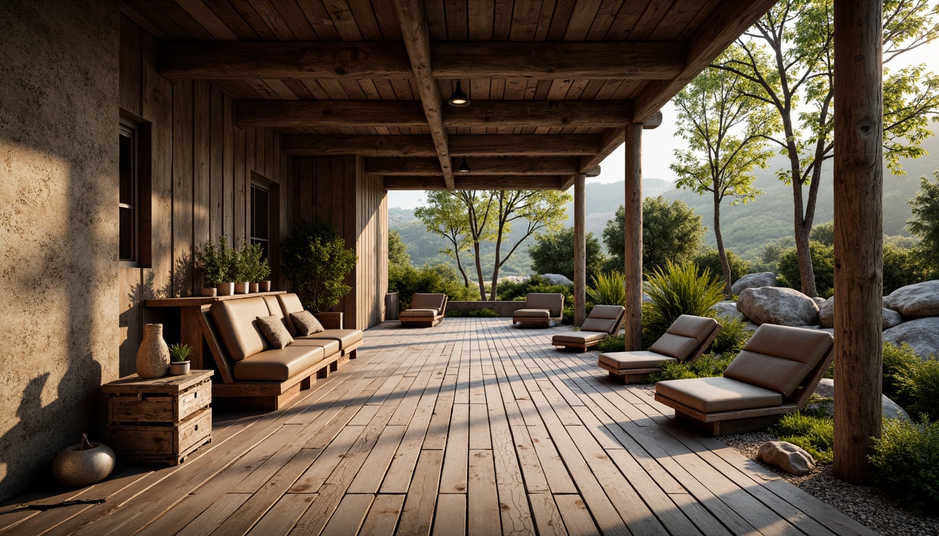 Prompt: Rustic wooden planks, distressed finishes, earthy tones, natural stone walls, rough-hewn boulders, moss-covered rocks, weathered metal accents, vintage industrial pipes, reclaimed wood furniture, worn leather upholstery, soft warm lighting, shallow depth of field, 3/4 composition, panoramic view, realistic textures, ambient occlusion.