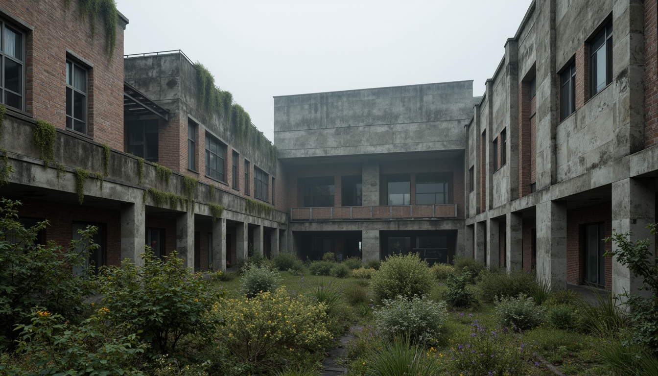 Prompt: Rugged brutalist architecture, raw concrete textures, fortress-like structures, overgrown vegetation, wildflowers, moss-covered walls, industrial landscapes, abandoned factories, crumbling brick facades, distressed metal accents, urban decay, post-apocalyptic atmosphere, dramatic lighting, low-angle shots, cinematic composition, gritty realistic renderings, atmospheric fog effects, misty mornings, eerie silence.