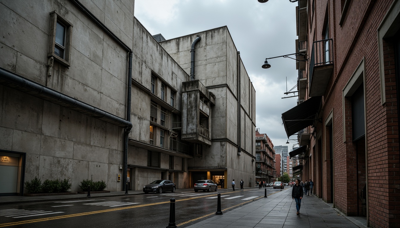 Prompt: Rough concrete walls, exposed ductwork, industrial metal beams, raw brick facades, weathered stone surfaces, distressed wood accents, brutalist monumentality, fortress-like structures, urban cityscape, overcast skies, dramatic shadows, high-contrast lighting, cinematic composition, gritty realistic textures, ambient occlusion.