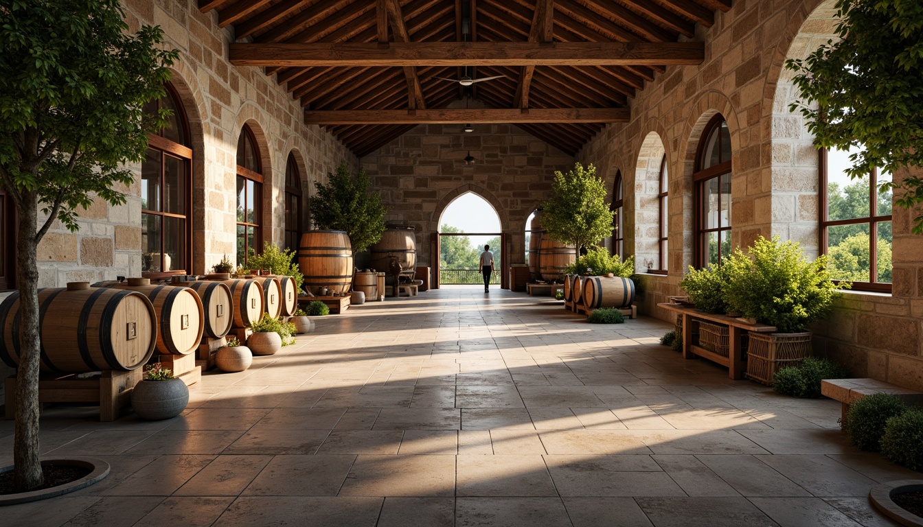 Prompt: Rustic winery, stone walls, wooden beams, vaulted ceilings, large oak barrels, wine-making equipment, fermentation tanks, grapevine trellises, lush greenery, natural stone flooring, earthy color palette, warm soft lighting, shallow depth of field, 3/4 composition, panoramic view, realistic textures, ambient occlusion, academic architectural style, symmetrical facades, ornate details, classical columns, grand entranceways, sweeping arches.