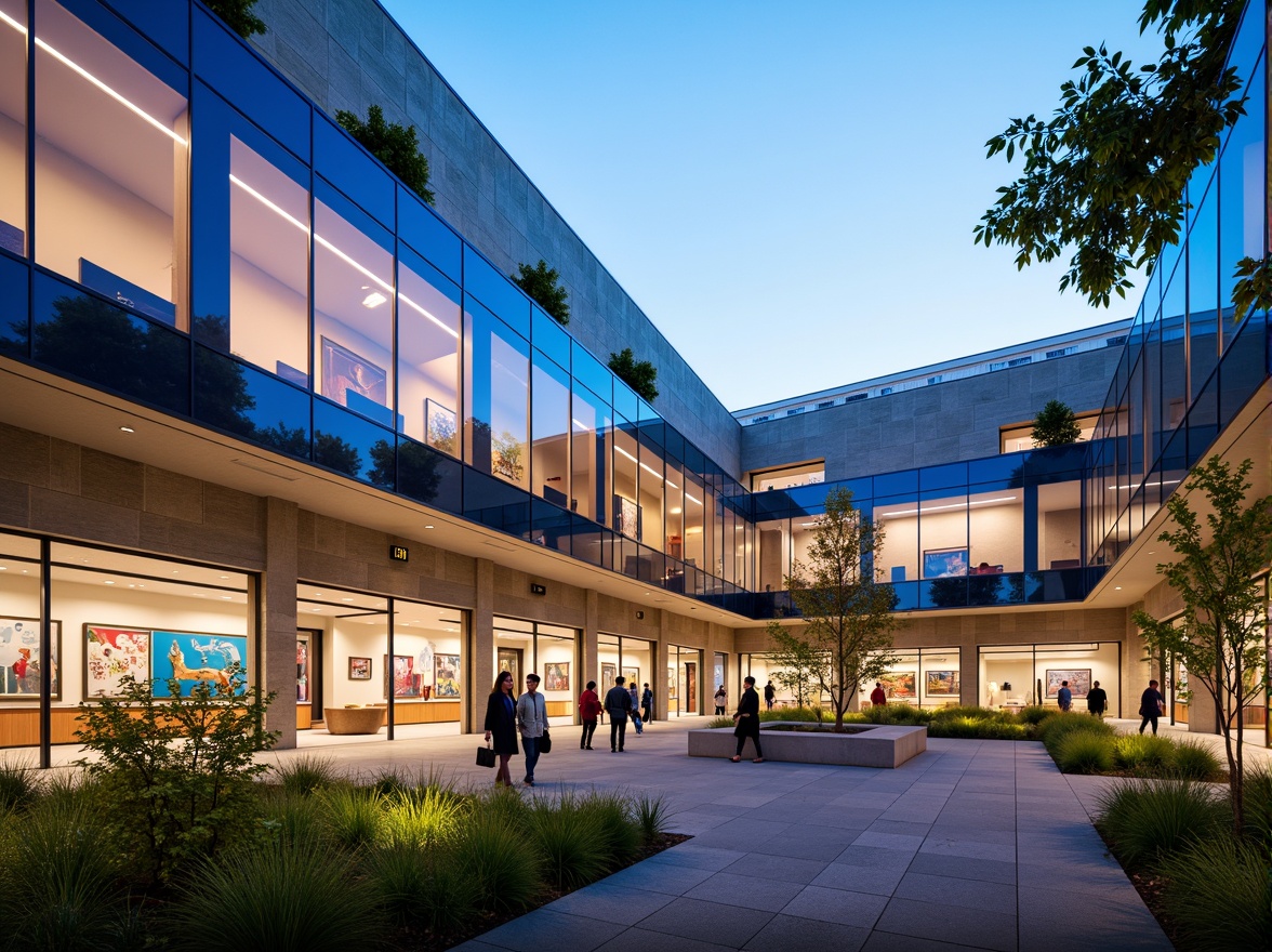 Prompt: Contemporary high school building, sleek glass facade, metallic accents, angular lines, minimalist design, vibrant color scheme, natural stone walls, modern LED signage, open-air courtyard, lush greenery, educational murals, abstract sculptures, shallow depth of field, 1/1 composition, soft warm lighting, realistic textures, ambient occlusion.