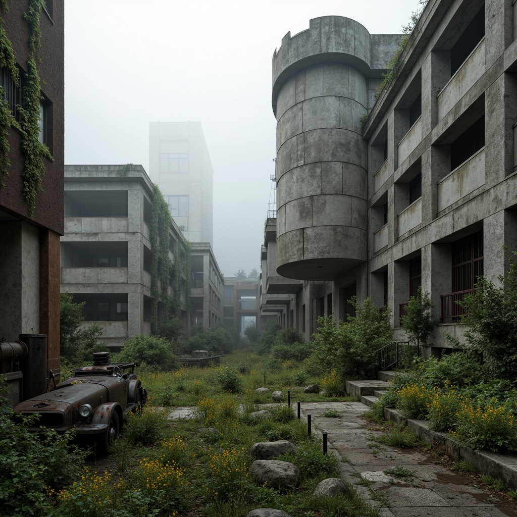 Prompt: Rugged brutalist architecture, raw concrete textures, fortress-like structures, overgrown vegetation, wildflowers, moss-covered walls, industrial landscapes, abandoned factories, rusty machinery, distressed metal accents, urban decay, gritty atmosphere, dramatic lighting, high contrast shadows, cinematic composition, atmospheric fog, misty mornings, eerie silence, desolate surroundings, fragmented rocks, weathered wood, reclaimed materials, post-apocalyptic ambiance.