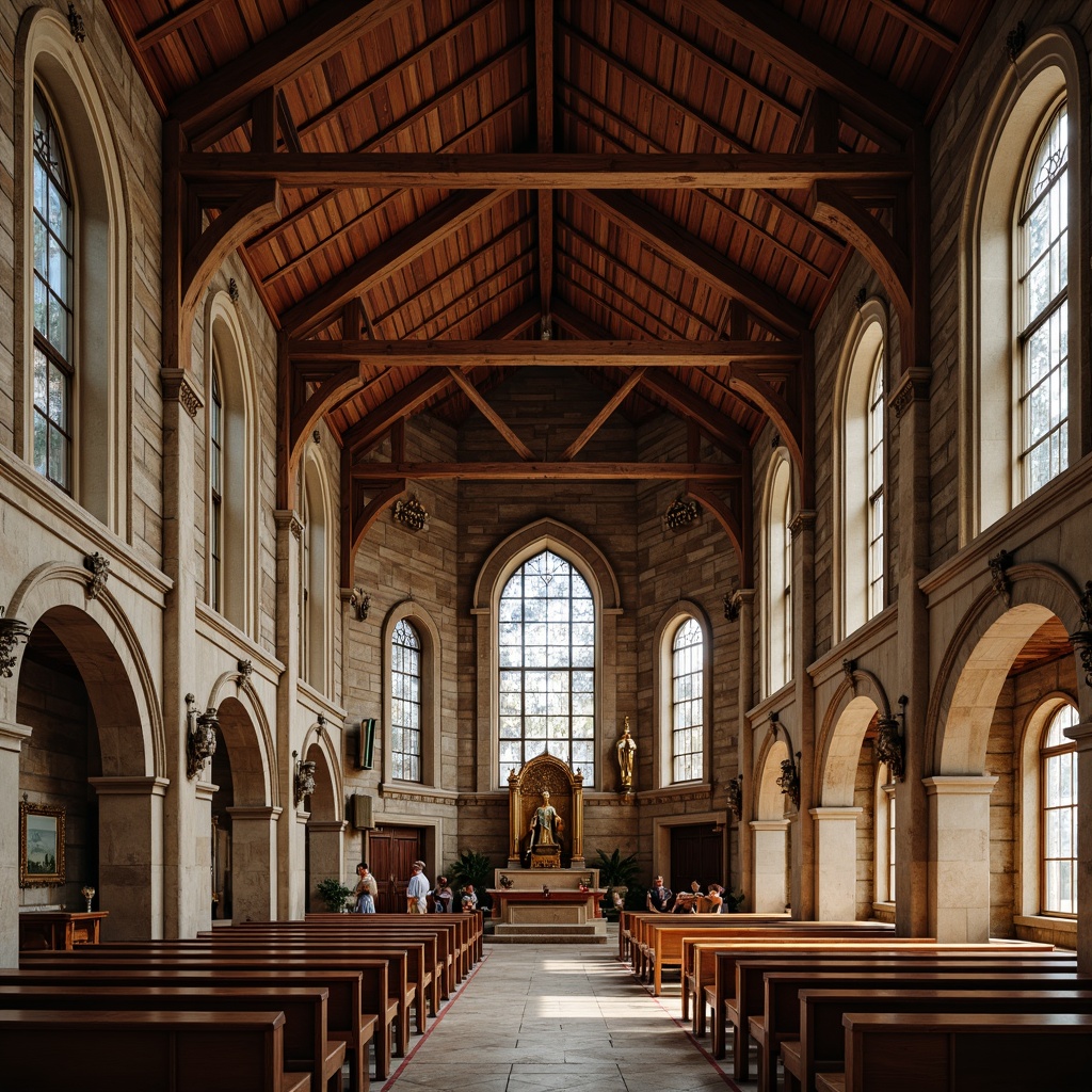 Prompt: Rustic church building, steeply pitched roof, terracotta tiles, ornate stone carvings, stained glass windows, wooden pews, vaulted ceilings, grand entrance doors, intricate stone facades, traditional vernacular style, earthy color palette, natural textures, warm ambient lighting, soft shadows, 1/2 composition, realistic render, detailed architectural elements.