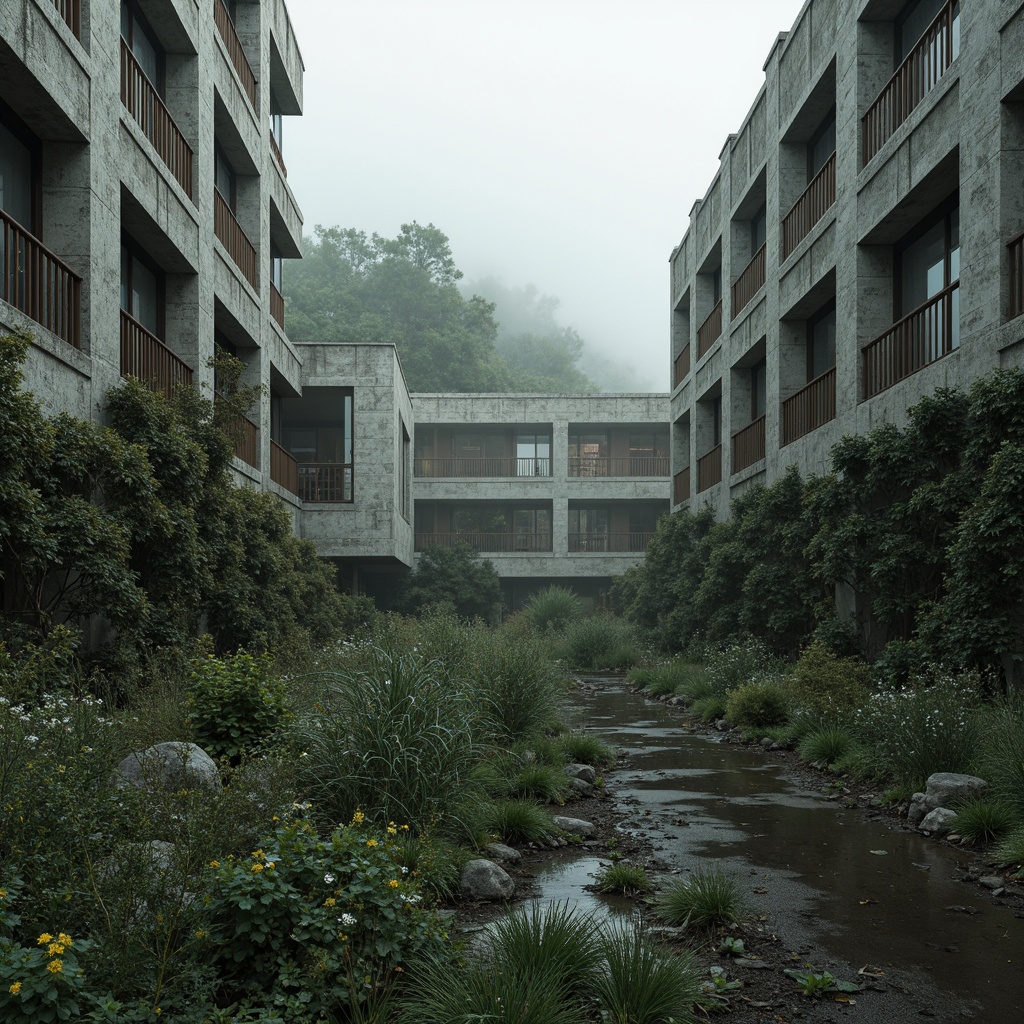 Prompt: Rugged brutalist architecture, raw concrete textures, fortress-like structures, overgrown vegetation, wildflowers, moss-covered walls, industrial landscapes, abandoned factories, crumbling brick facades, distressed metal accents, urban decay, post-apocalyptic atmosphere, dramatic lighting, low-angle shots, cinematic composition, gritty realistic renderings, atmospheric fog effects, misty mornings, eerie silence.