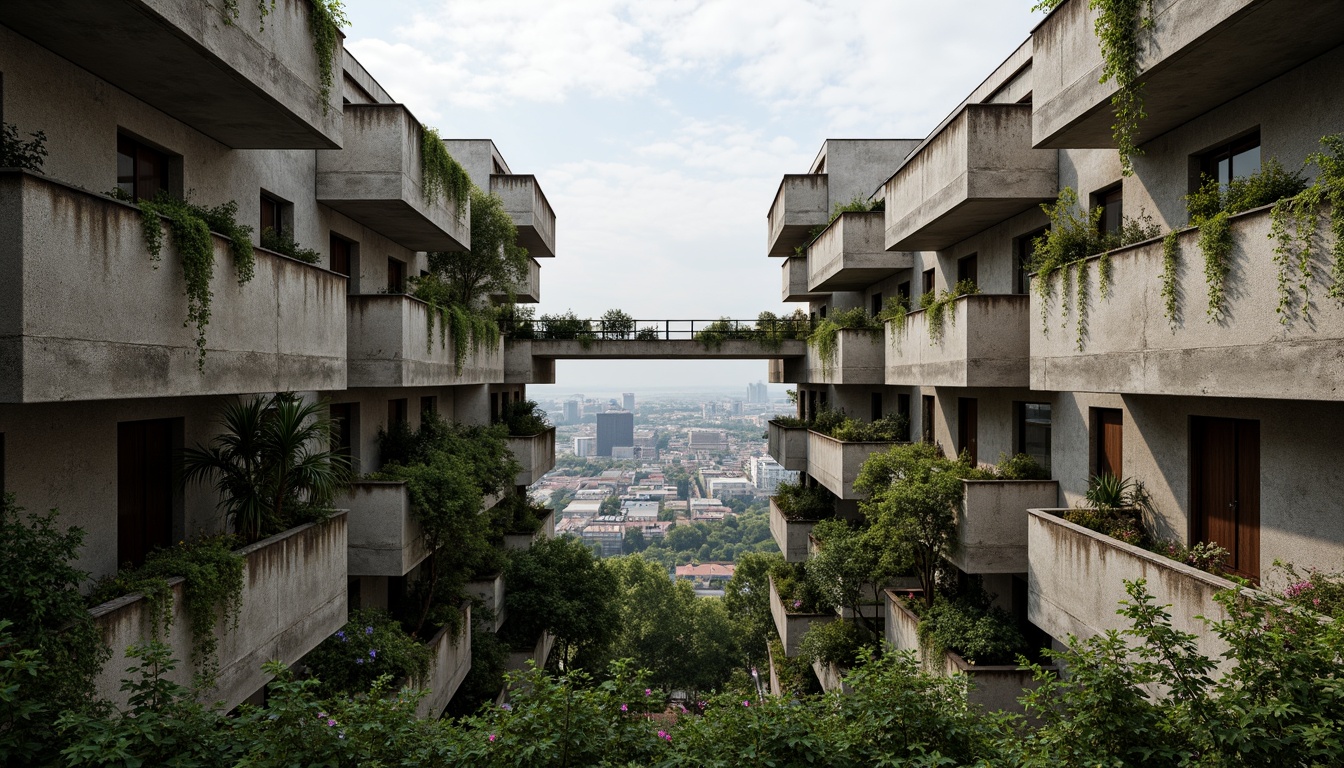 Prompt: Rugged brutalist buildings, raw concrete textures, fortress-like structures, overgrown vegetation, wildflowers, moss-covered walls, weathered steel beams, industrial materials, urban landscape integration, cityscape views, elevated walkways, cantilevered sections, dramatic shadows, harsh natural light, 1/1 composition, symmetrical framing, high-contrast colors, gritty realistic textures, ambient occlusion.