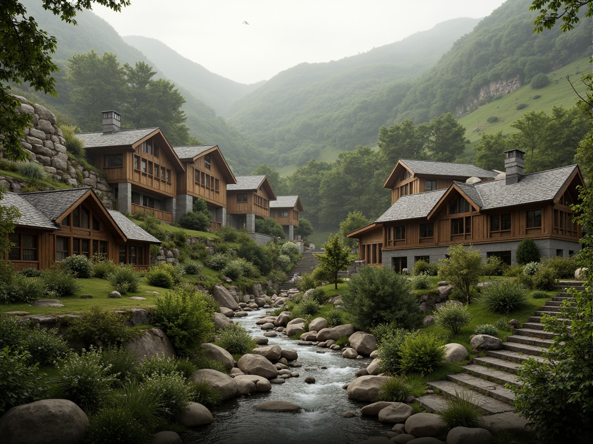 Prompt: Rustic village, rolling hills, lush greenery, meandering streams, traditional vernacular architecture, earthy tones, natural stone walls, wooden accents, curved lines, organic forms, blending with surroundings, seamless integration, harmonious coexistence, soft warm lighting, misty atmosphere, shallow depth of field, 1/1 composition, realistic textures, ambient occlusion.