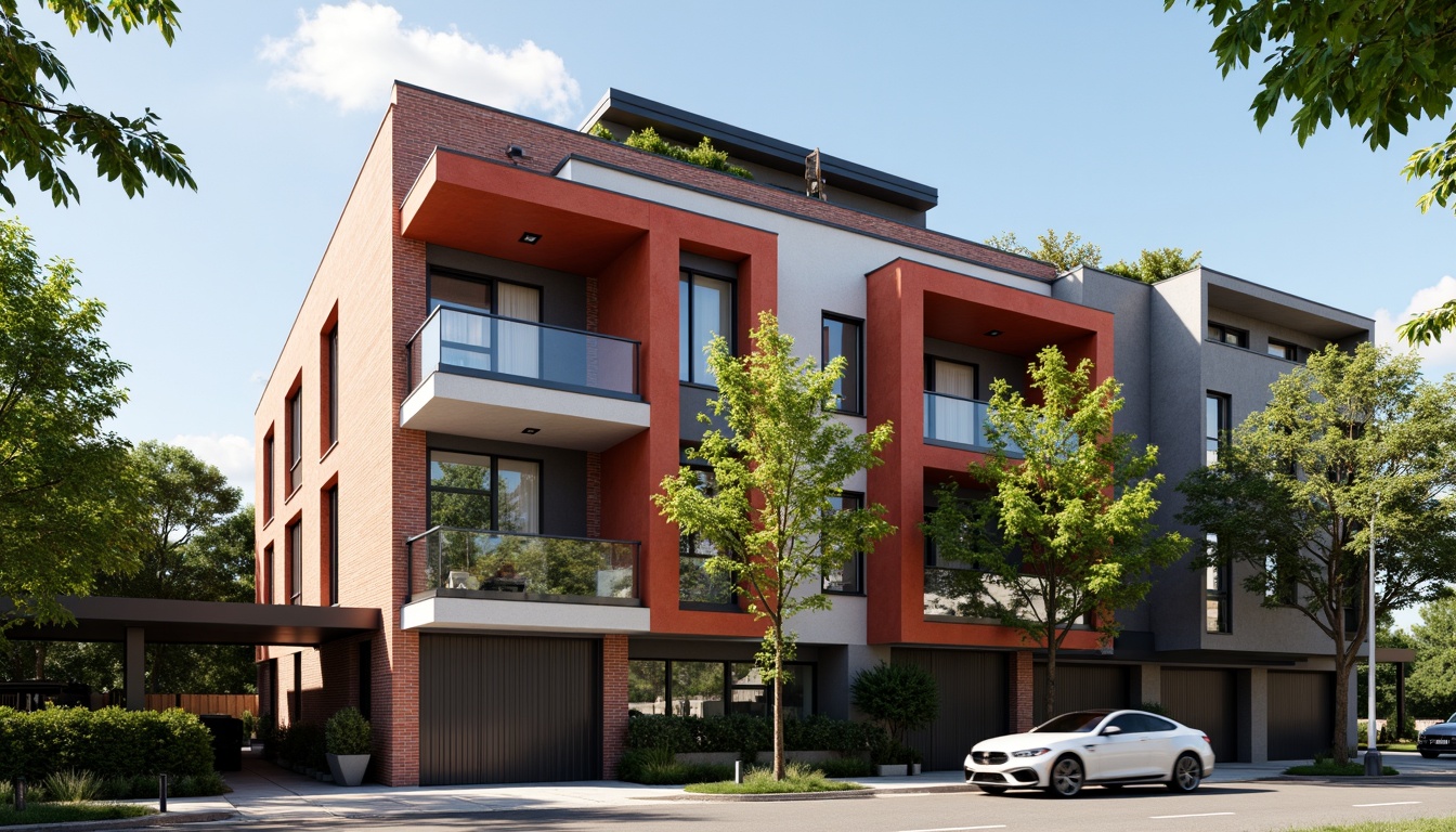 Prompt: Geometric residential facade, rectangular forms, clean lines, minimal ornamentation, functional simplicity, industrial materials, exposed brick walls, steel frame windows, cantilevered balconies, asymmetrical compositions, bold color blocking, primary color accents, urban cityscape, modernist neighborhood, sunny afternoon, high contrast lighting, deep shadows, 1/1 composition, symmetrical framing, realistic textures, ambient occlusion.