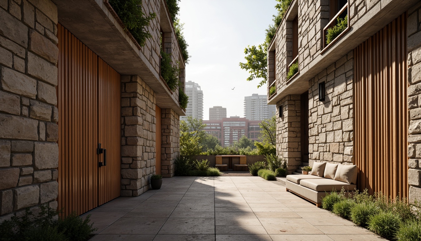 Prompt: Rough stone walls, rustic brick facades, wooden accents, natural wood grain, earthy tones, organic forms, irregular shapes, tactile experiences, 3D modeling, realistic renderings, ambient occlusion, soft warm lighting, shallow depth of field, 2/3 composition, modern architecture, sustainable design, eco-friendly materials, green roofs, living walls, urban landscapes, city skylines, industrial heritage, converted warehouses.