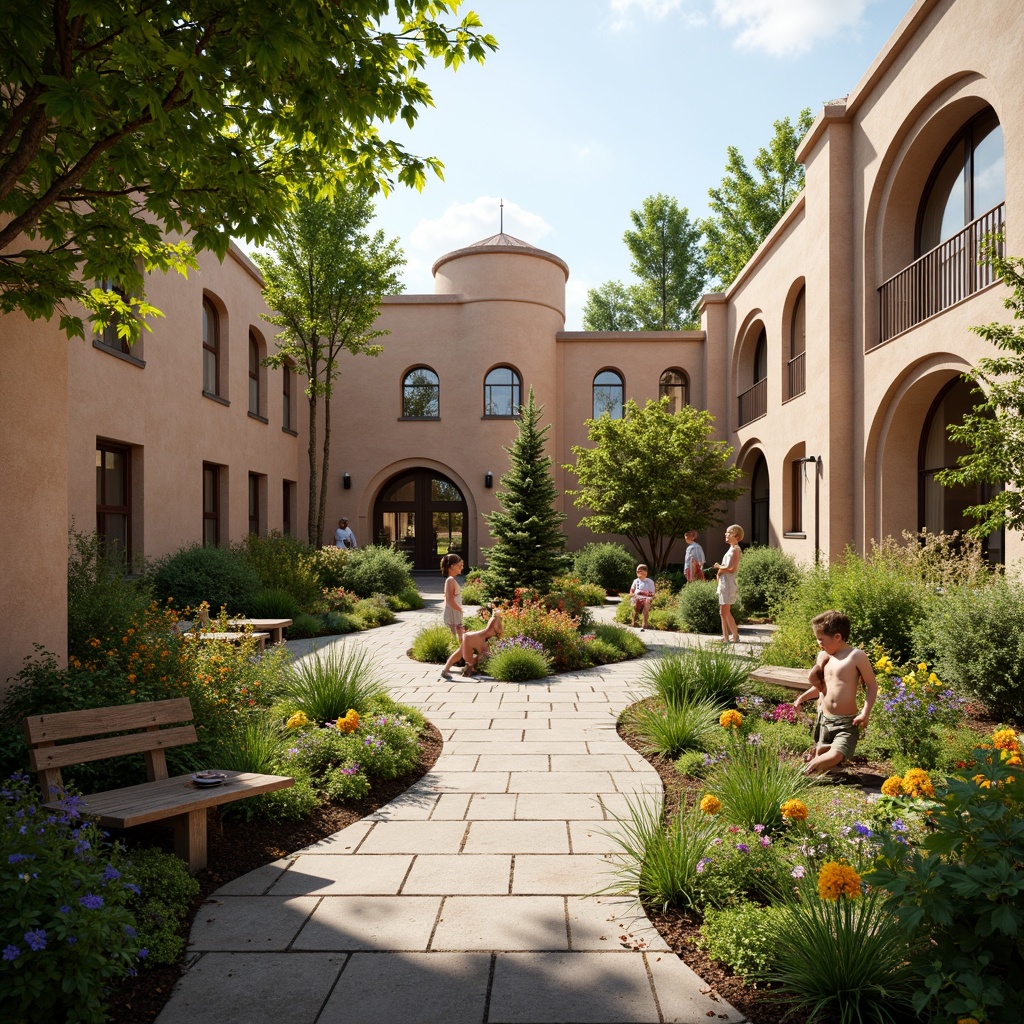 Prompt: Whimsical kindergarten courtyard, lush greenery, vibrant flowers, winding stone pathways, rustic wooden benches, playful sculptures, colorful mosaic art, Romanesque arches, rounded towers, warm beige stonework, stained glass windows, soft natural lighting, shallow depth of field, 1/1 composition, intimate atmosphere, realistic textures, ambient occlusion.