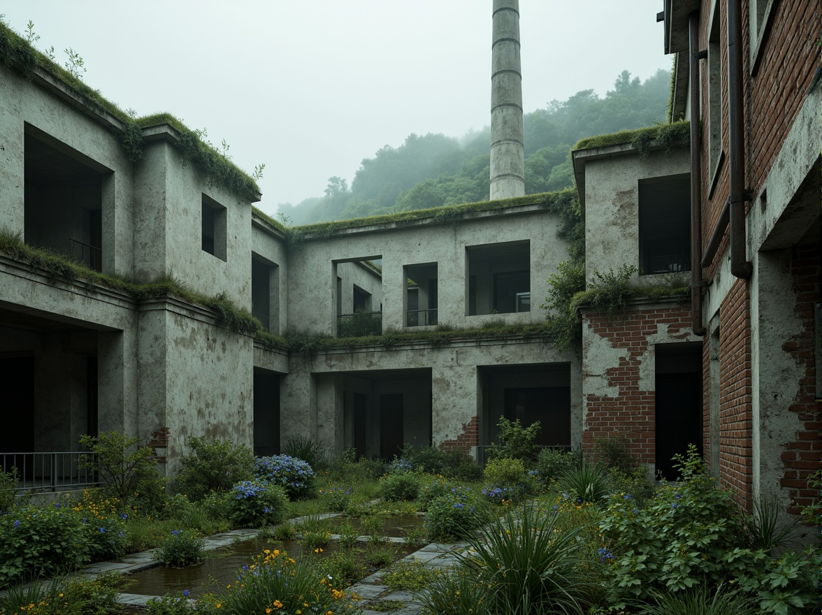 Prompt: Rugged brutalist architecture, raw concrete textures, fortress-like structures, overgrown vegetation, wildflowers, moss-covered walls, industrial landscapes, abandoned factories, crumbling brick facades, distressed metal accents, urban decay, post-apocalyptic atmosphere, dramatic lighting, low-angle shots, cinematic composition, gritty realistic renderings, atmospheric fog effects, misty mornings, eerie silence.