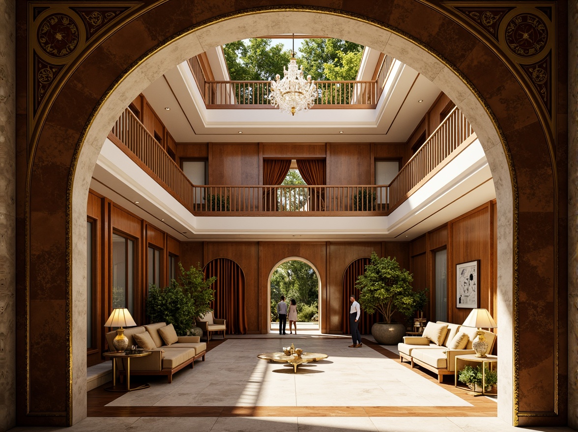 Prompt: Luxurious villa, ornate Art Deco facade, geometric patterns, metallic accents, curved lines, opulent decorations, lavish furnishings, grand staircase, intricate moldings, ornamental railings, luxurious textiles, velvet drapes, crystal chandeliers, marble floors, rich wood paneling, sunlit atrium, warm golden lighting, shallow depth of field, 1/1 composition, symmetrical framing, high-contrast rendering, realistic reflections.