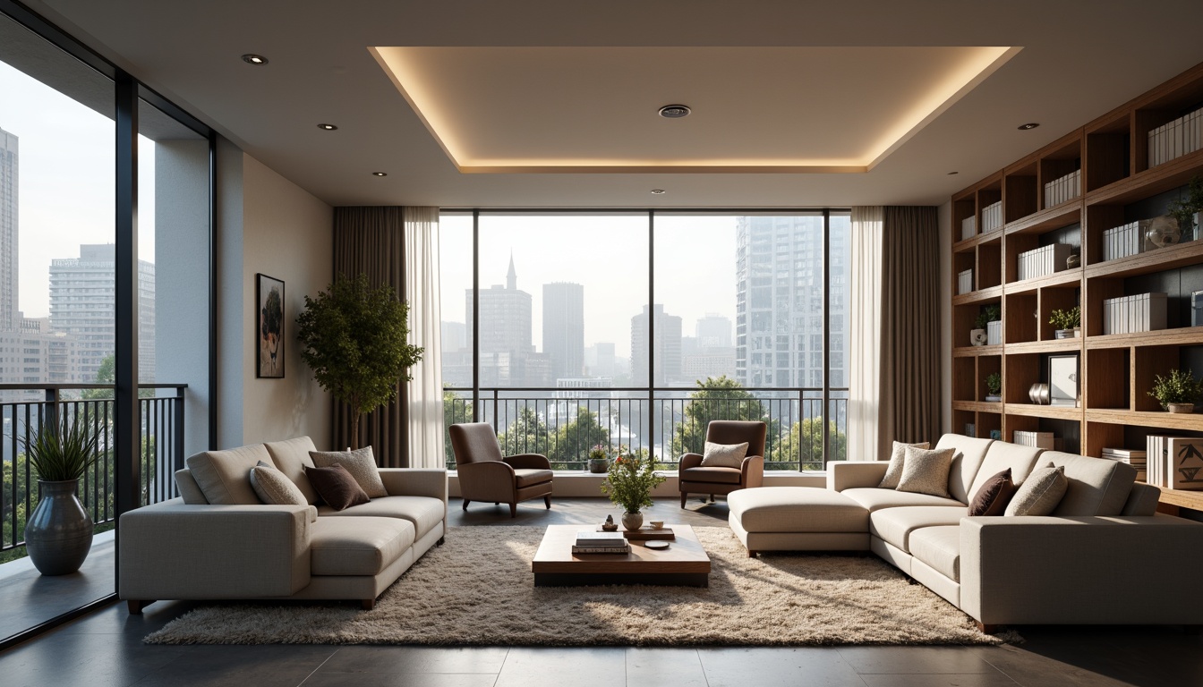 Prompt: Modern living room, sleek minimalist furniture, neutral color palette, textured rugs, floor-to-ceiling windows, natural light pouring in, urban cityscape views, cozy reading nook, built-in shelving units, geometric patterned wallpaper, ambient warm lighting, 1/1 composition, shallow depth of field, realistic textures, soft focus blur.