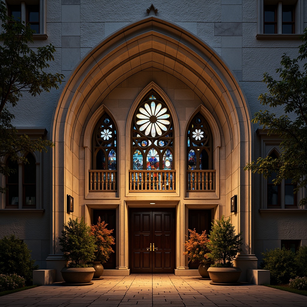 Prompt: Gothic church facade, asymmetrical composition, fragmented forms, abstract geometries, bold color contrasts, textured stone walls, stained glass windows, intricate metalwork, ornate doorways, dramatic arches, pointed spires, mystical ambiance, warm golden lighting, high-contrast shadows, 1/2 composition, low-angle shot, cinematic atmosphere, detailed textures, ambient occlusion.