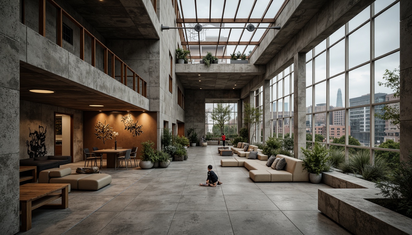 Prompt: Rugged community center, brutalist architecture, raw concrete walls, exposed ductwork, industrial metal beams, natural light pouring in, large skylights, clerestory windows, urban landscape views, gritty cityscape, overcast sky, soft diffused lighting, high contrast shadows, dramatic architectural forms, bold geometric shapes, functional minimalism, communal gathering spaces, reclaimed wood accents, weathered steel features, abstract graffiti art, moody atmospheric tones, cinematic composition, realistic textures, ambient occlusion.