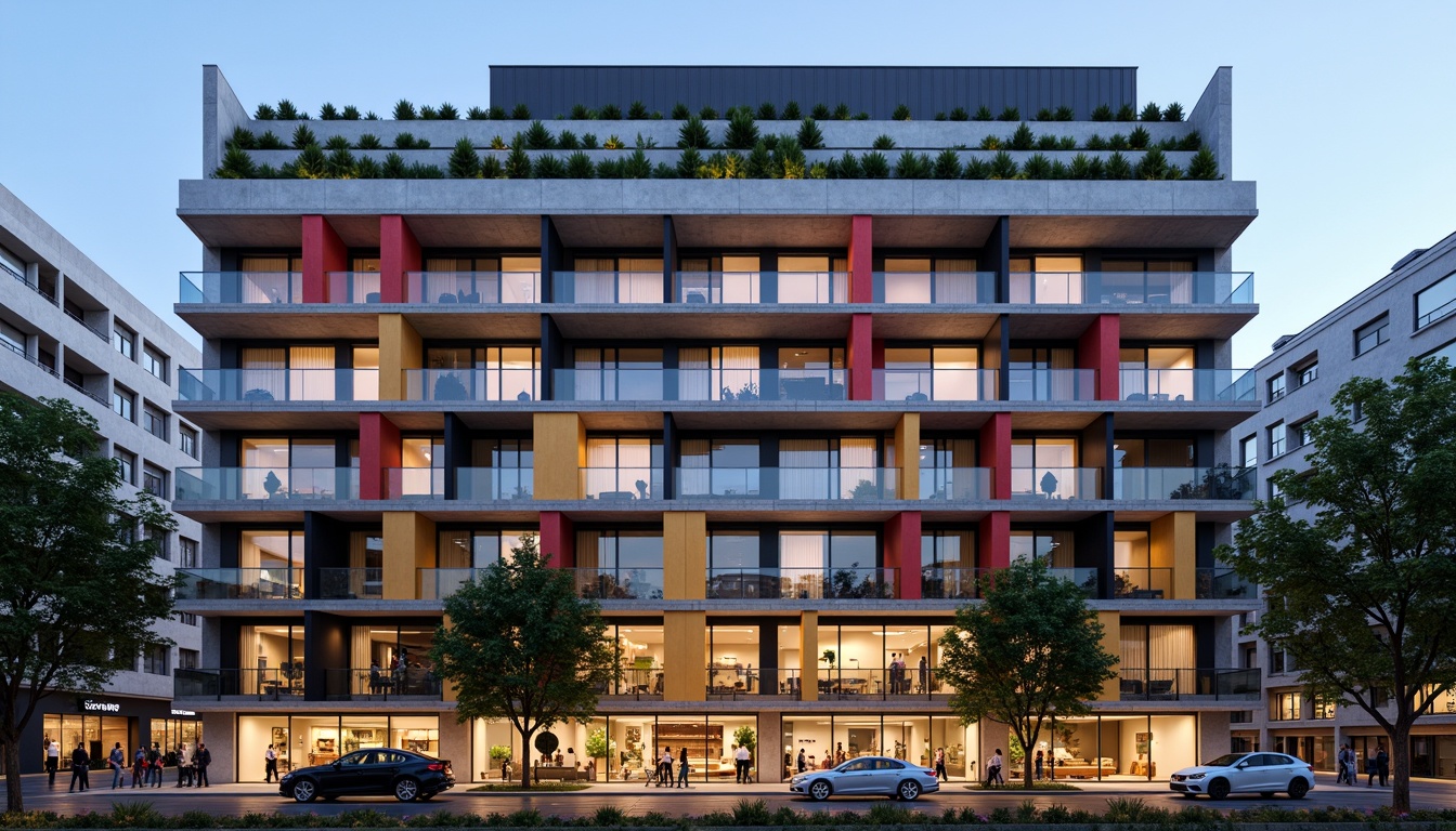 Prompt: Geometric hotel facade, asymmetrical composition, rectangular forms, industrial materials, raw concrete walls, steel beams, minimalist decor, functional simplicity, bold color accents, abstract patterns, grid-like structures, cantilevered balconies, floor-to-ceiling windows, transparent glass railings, urban cityscape, busy streets, modern metropolitan atmosphere, warm evening lighting, shallow depth of field, 2/3 composition, realistic textures, ambient occlusion.