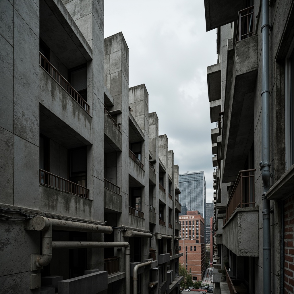 Prompt: Exposed concrete walls, rugged textures, industrial pipes, raw steel beams, minimalist balconies, brutalist architecture, urban cityscape, gloomy overcast sky, dramatic shadows, high-contrast lighting, bold geometric forms, functional simplicity, distressed finishes, poured-in-place concrete, cold monochromatic color palette, 1/1 composition, low-angle shot, cinematic atmosphere, gritty realistic textures.