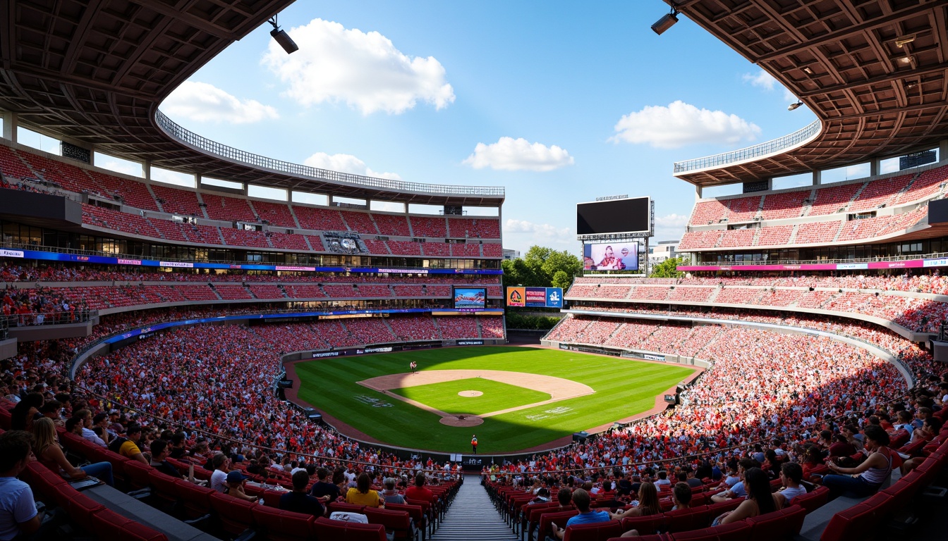 Prompt: Vibrant sports stadium, dynamic color scheme, bold team logos, energetic crowd atmosphere, bright LED lighting, sleek modern architecture, geometric patterns, angular lines, contrasting colors, high-visibility signage, branded concessions, lively entertainment areas, comfortable seating, panoramic views, warm sunny day, shallow depth of field, 3/4 composition, realistic textures, ambient occlusion.