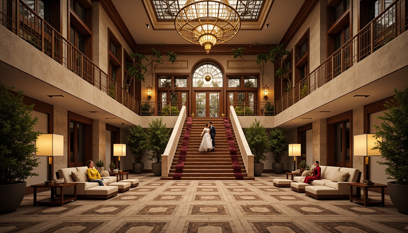 Prompt: Luxurious villa, symmetrical facade, geometric patterns, ornate metalwork, lavish decorations, opulent furnishings, grand entrance, sweeping staircases, elegant chandeliers, rich textiles, bold color schemes, metallic accents, reflective surfaces, precise lines, balanced composition, 1/1 aspect ratio, central axis, radial symmetry, harmonious proportions, sophisticated ambiance, warm golden lighting, soft focus, shallow depth of field.