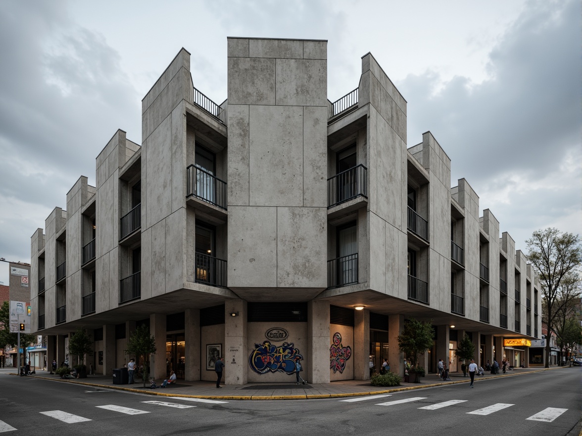 Prompt: Rugged community center, brutalist architecture, raw concrete walls, fortress-like structure, angular lines, geometric shapes, industrial materials, metal beams, exposed ductwork, urban landscape, city streets, graffiti art, street lamps, cloudy sky, dramatic lighting, high contrast, 1/1 composition, symmetrical framing, gritty textures, ambient occlusion.