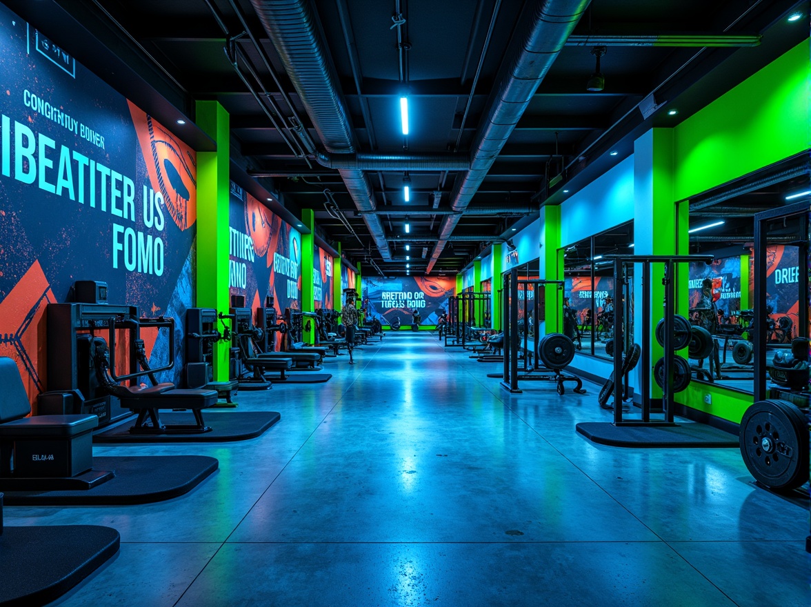 Prompt: Vibrant gym interior, bold color scheme, energetic atmosphere, neon green accents, deep blue tones, metallic silver equipment, industrial concrete floors, exposed ductwork ceilings, modern LED lighting, motivational quotes, athletic tracks, dynamic shapes, abstract patterns, high-contrast textures, dramatic shadows, 1/2 composition, low-angle shot, cinematic mood, realistic reflections.