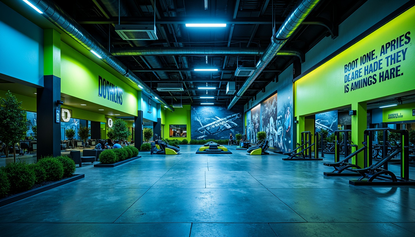 Prompt: Vibrant gym interior, bold color scheme, energetic atmosphere, neon green accents, deep blue tones, metallic silver equipment, industrial concrete floors, exposed ductwork ceilings, modern LED lighting, motivational quotes, athletic tracks, dynamic shapes, abstract patterns, high-contrast textures, dramatic shadows, 1/2 composition, low-angle shot, cinematic mood, realistic reflections.