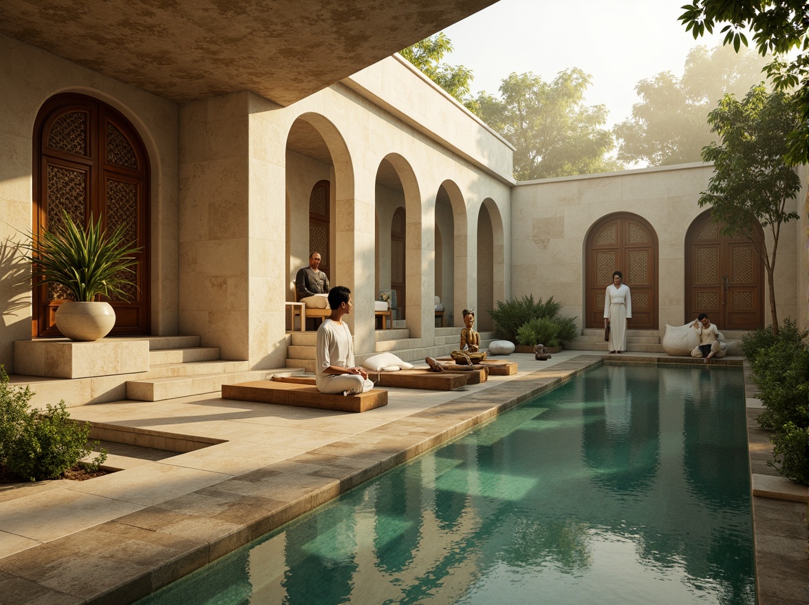 Prompt: \Ethereal temple, soft golden lighting, calming turquoise accents, natural stone walls, intricately carved wooden doors, serene water features, lush greenery, peaceful Buddha statues, minimalist decor, subtle aromas, warm beige tones, gentle archways, soft misty atmosphere, shallow depth of field, 1/1 composition, realistic textures, ambient occlusion.\