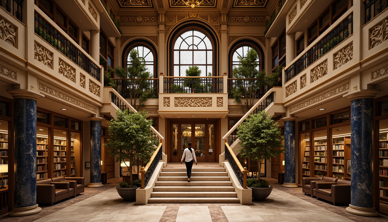 Prompt: Grand library facade, ornate Art Deco details, geometric patterns, metallic accents, grand entrance, symmetrical composition, vertical lines, luxurious materials, marble columns, bronze doors, stained glass windows, intricate moldings, ornamental railings, lavish chandeliers, warm golden lighting, shallow depth of field, 1/2 composition, realistic textures, ambient occlusion.