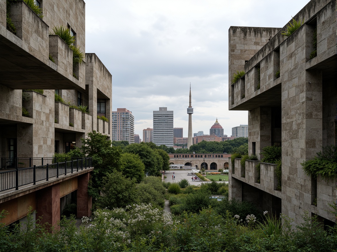 Prompt: Rugged brutalist buildings, raw concrete textures, fortress-like structures, overgrown vegetation, wildflowers, moss-covered walls, weathered steel beams, industrial materials, urban landscape integration, cityscape views, elevated walkways, cantilevered sections, dramatic shadows, harsh natural light, 1/1 composition, symmetrical framing, high-contrast colors, gritty realistic textures, ambient occlusion.