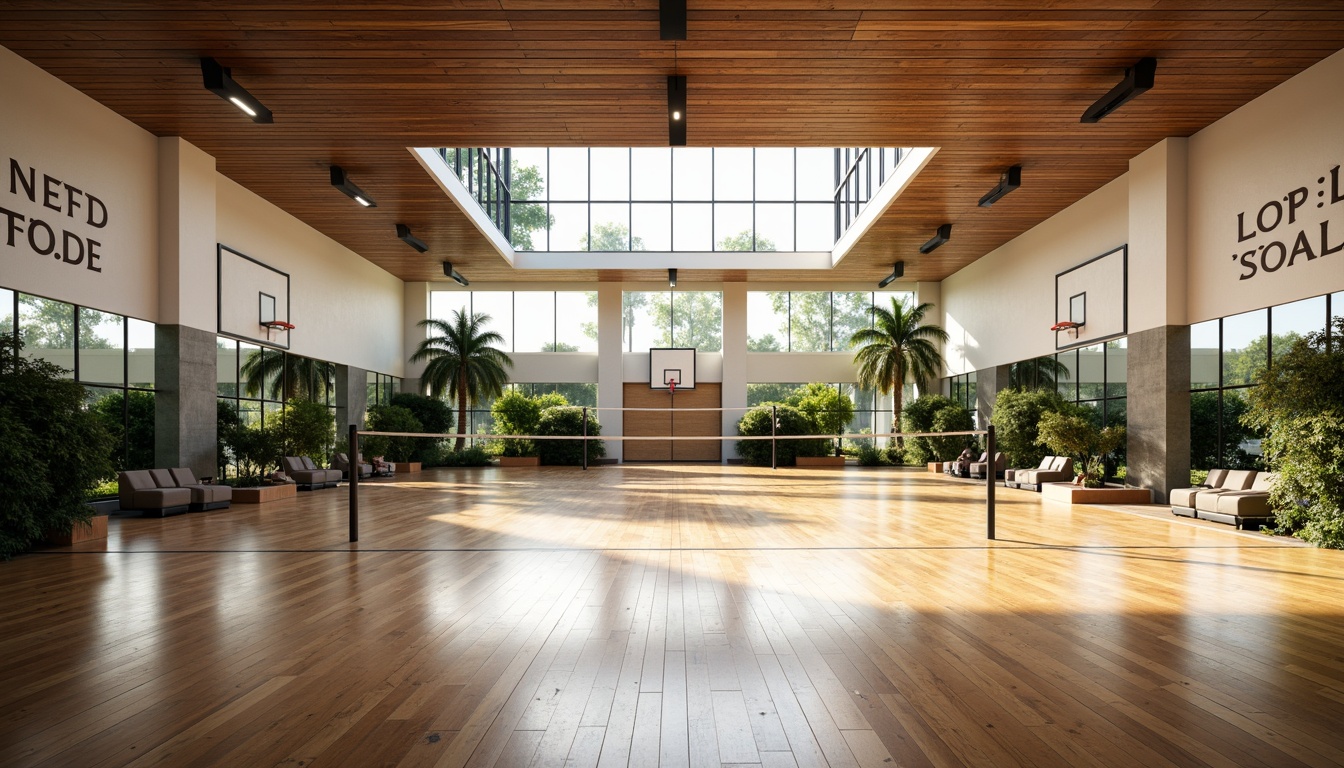 Prompt: Spacious gymnasium interior, high ceilings, natural light pouring in, polished wooden floors, basketball courts, volleyball nets, athletic tracks, exercise equipment, mirrored walls, motivational quotes, modern architectural design, sleek lines, minimalist decor, abundant greenery, tropical plants, warm color scheme, soft diffused lighting, shallow depth of field, 1/1 composition, realistic textures, ambient occlusion.