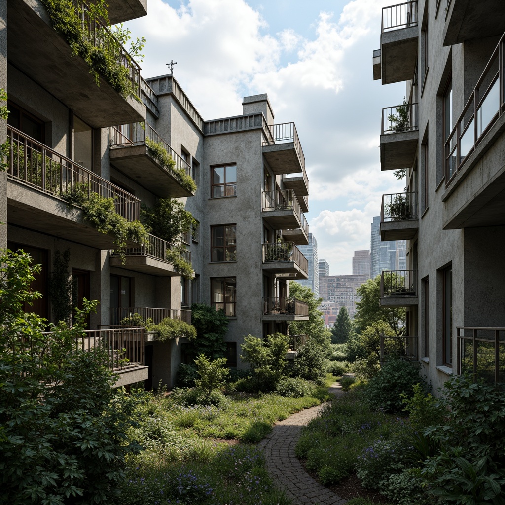 Prompt: Rugged brutalist buildings, raw concrete textures, fortress-like structures, overgrown vegetation, wildflowers, moss-covered walls, weathered steel beams, industrial materials, urban landscape integration, cityscape views, elevated walkways, cantilevered sections, dramatic shadows, harsh natural light, 1/1 composition, symmetrical framing, high-contrast lighting, gritty realistic textures, ambient occlusion.