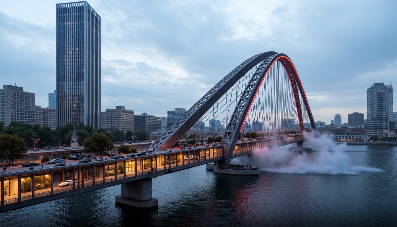 Prompt: Futuristic bridge, sleek metal arches, suspension cables, modern fusion architecture, dynamic curves, angular lines, vibrant LED lighting, urban cityscape, misty morning atmosphere, shallow depth of field, 1/2 composition, realistic reflections, ambient occlusion, intricate structural details, steel beams, reinforced concrete pillars, cantilevered sections, pedestrian walkways, vehicle traffic lanes, water flow simulations, rippling water effects, surrounding skyscrapers, bustling city life.