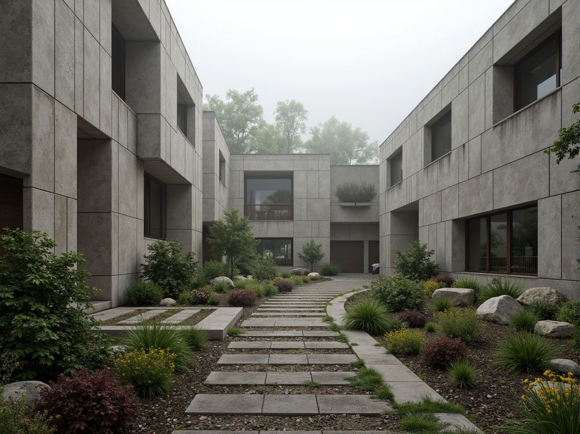 Prompt: Rugged brutalist memorial center, weathered concrete walls, angular geometric shapes, solemn atmosphere, overgrown vegetation, wildflowers, moss-covered stones, meandering pathways, gravel walkways, somber monument sculptures, abstract art installations, foggy misty mornings, soft diffused lighting, shallow depth of field, 1/1 composition, symmetrical framing, muted earth tones, natural textures, ambient occlusion.