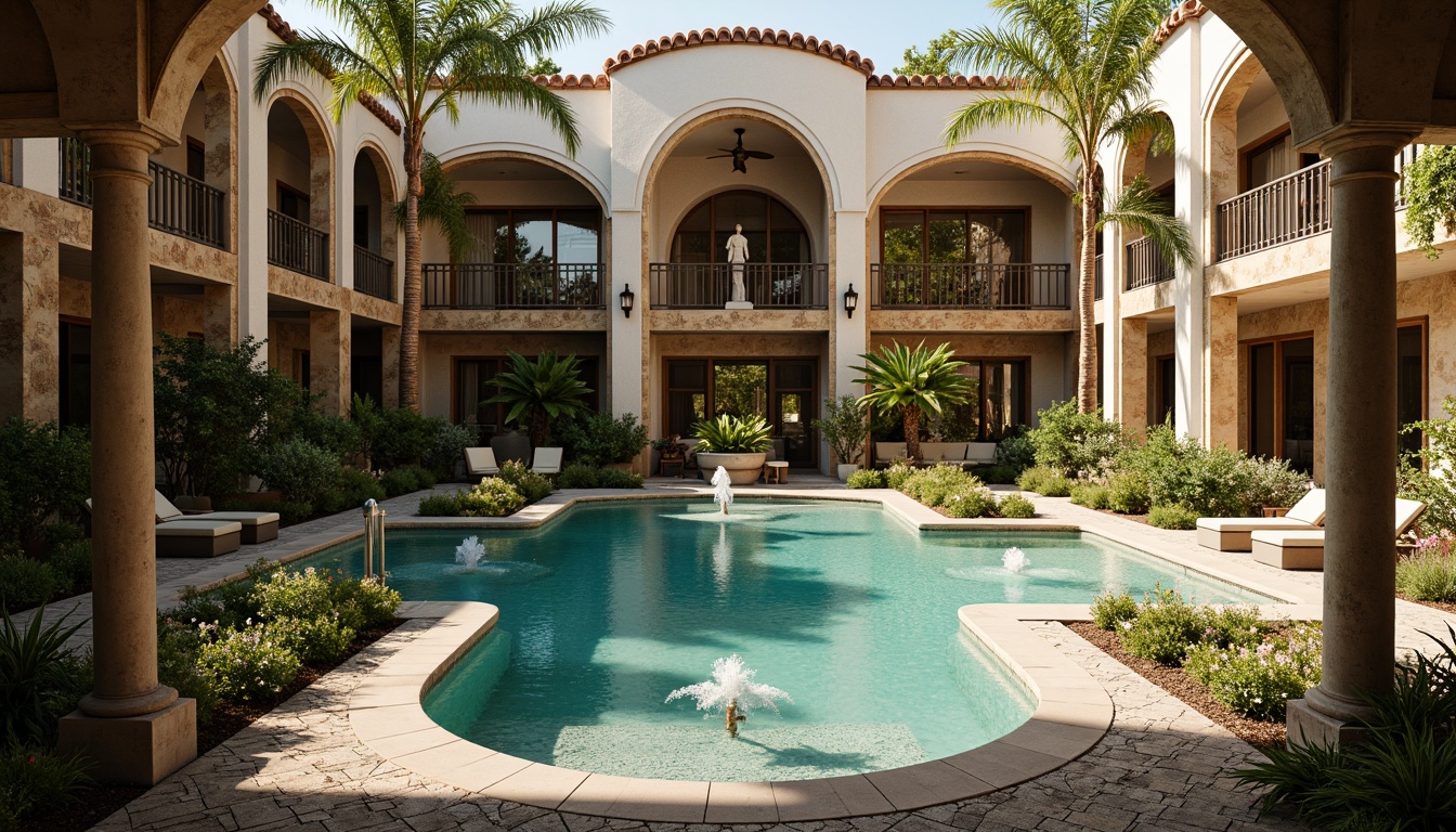 Prompt: Romanesque pool, ornate stone carvings, curved archways, grandiose columns, intricate mosaics, turquoise water, lush greenery, surrounding walkways, rustic stone walls, ornamental fountains, decorative statues, warm golden lighting, shallow depth of field, 1/1 composition, realistic textures, ambient occlusion.