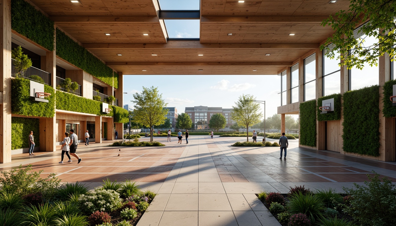 Prompt: Vibrant gymnasium interior, natural stone walls, wooden flooring, large windows, abundant greenery, living walls, hanging plants, athletic equipment, basketball courts, running tracks, modern architecture, sleek lines, minimalist design, eco-friendly materials, innovative ventilation systems, soft warm lighting, shallow depth of field, 3/4 composition, panoramic view, realistic textures, ambient occlusion, outdoor courtyard, lush gardens, water features, walking paths, shaded seating areas, misting systems.