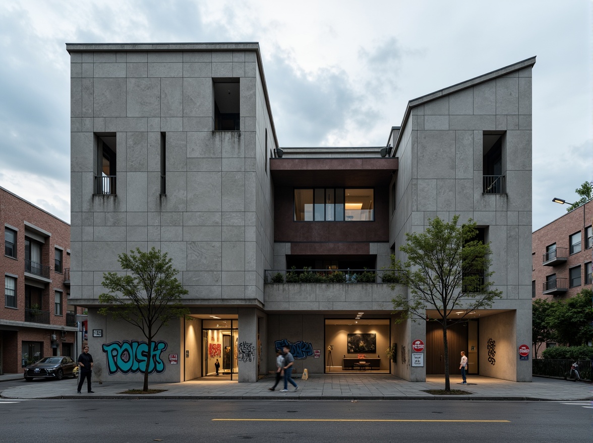 Prompt: Rugged community center, brutalist architecture, raw concrete walls, fortress-like structure, angular lines, geometric shapes, industrial materials, metal beams, exposed ductwork, urban landscape, city streets, graffiti art, street lamps, cloudy sky, dramatic lighting, high contrast, 1/1 composition, symmetrical framing, gritty textures, ambient occlusion.