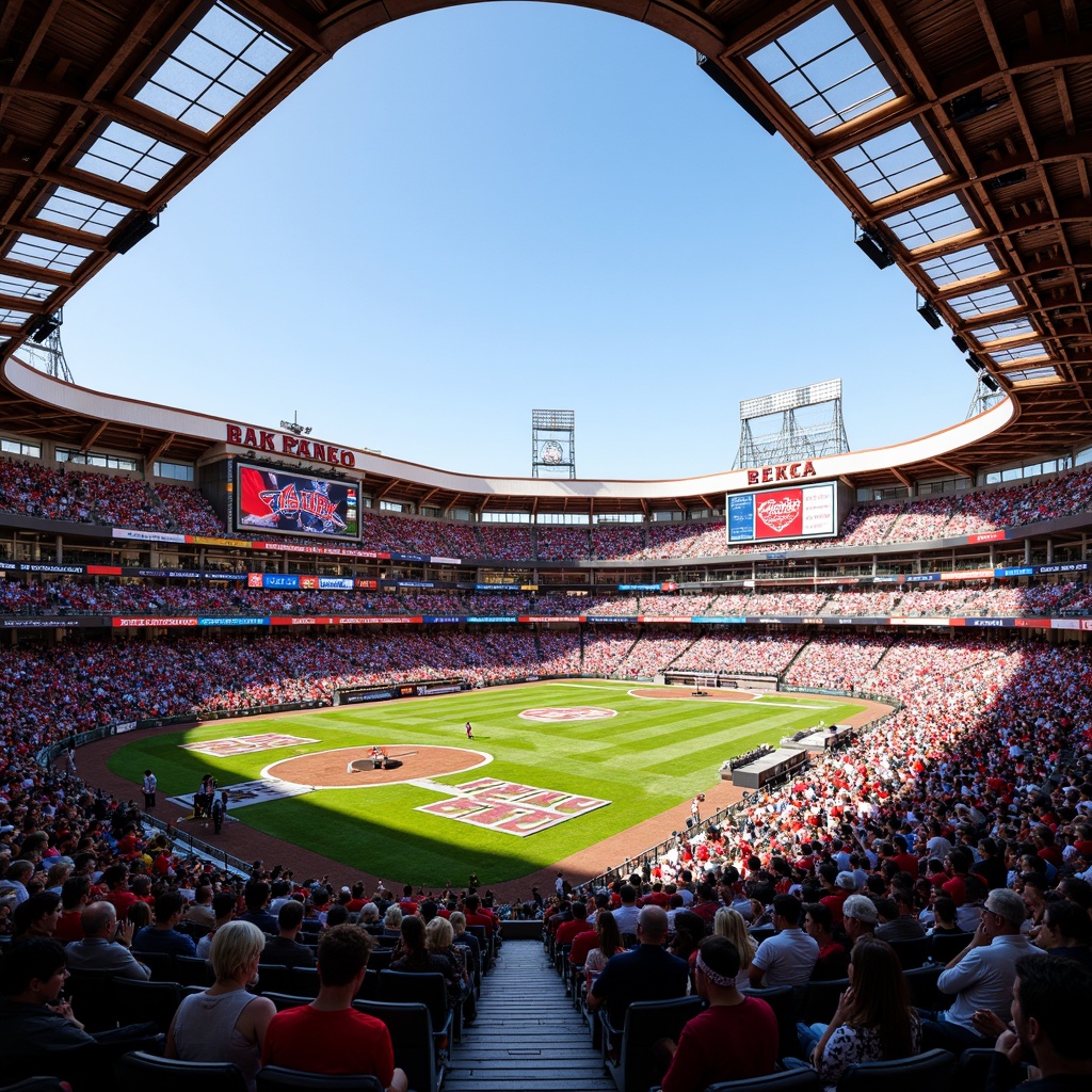 Prompt: Vibrant sports stadium, dynamic color scheme, bold team logos, energetic crowd atmosphere, bright LED lighting, sleek modern architecture, geometric patterns, angular lines, contrasting colors, high-visibility signage, branded concessions, lively entertainment areas, comfortable seating, panoramic views, warm sunny day, shallow depth of field, 3/4 composition, realistic textures, ambient occlusion.