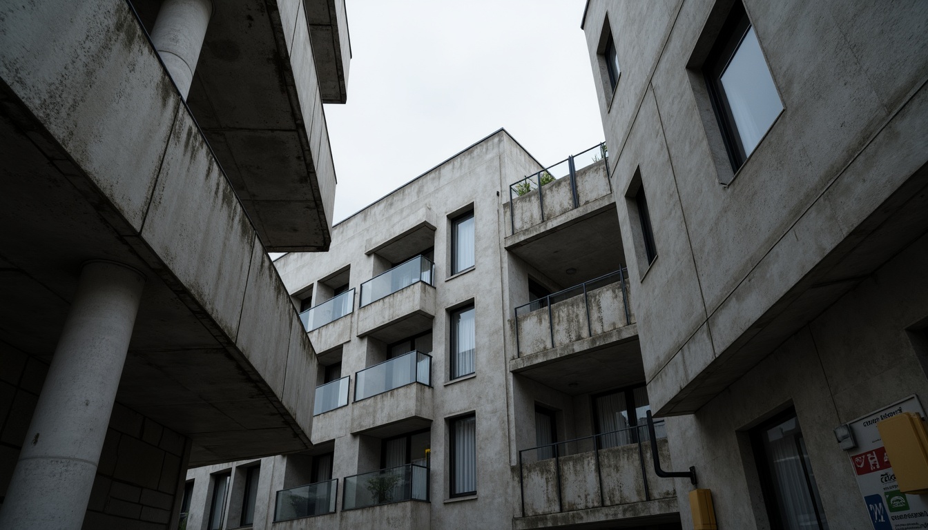 Prompt: Exposed concrete walls, rugged textures, industrial pipes, raw steel beams, minimalist balconies, brutalist architecture, urban cityscape, gloomy overcast sky, dramatic shadows, high-contrast lighting, bold geometric forms, functional simplicity, distressed finishes, poured-in-place concrete, cold monochromatic color palette, 1/1 composition, low-angle shot, cinematic atmosphere, gritty realistic textures.