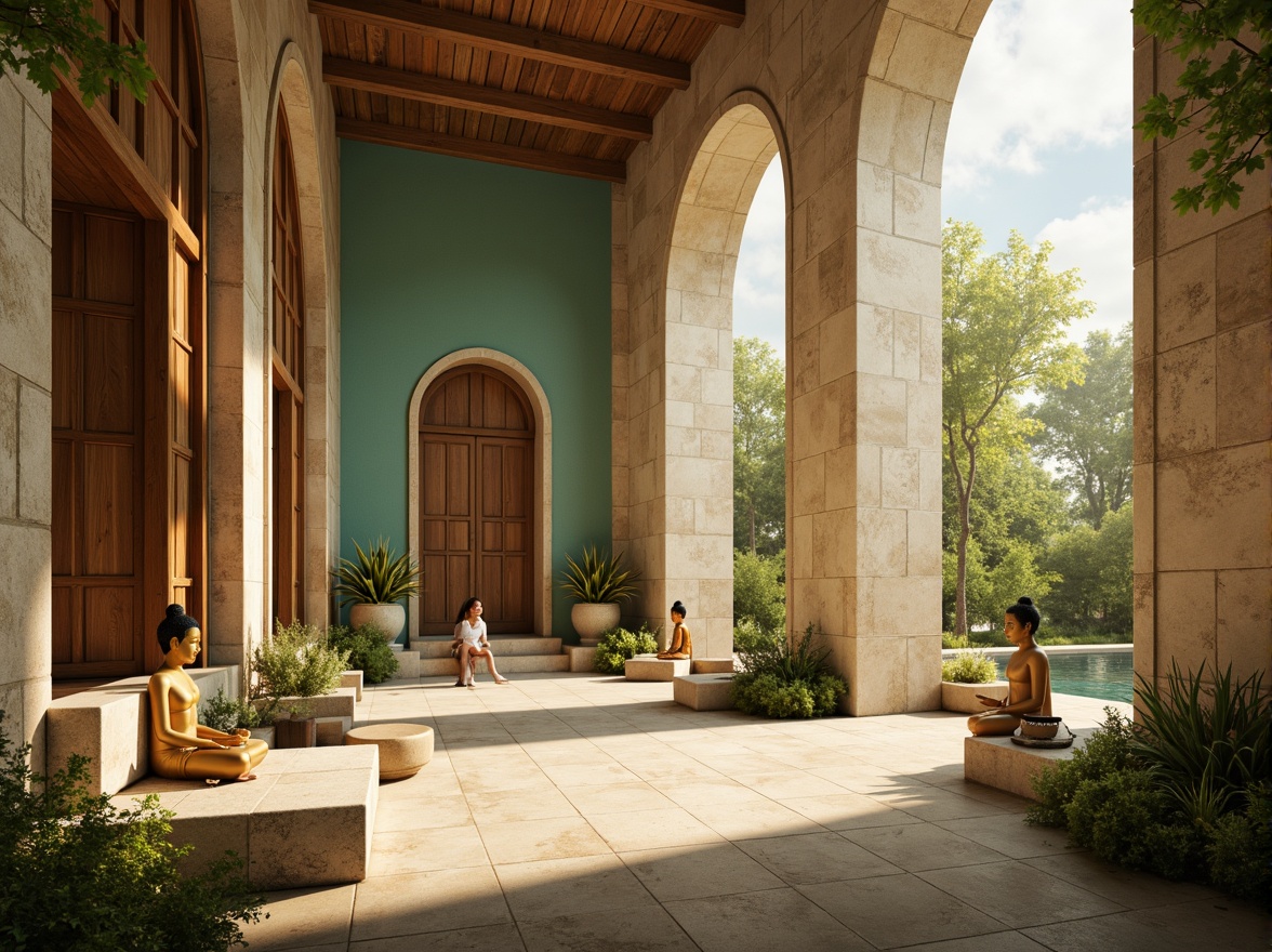 Prompt: \Ethereal temple, soft golden lighting, calming turquoise accents, natural stone walls, intricately carved wooden doors, serene water features, lush greenery, peaceful Buddha statues, minimalist decor, subtle aromas, warm beige tones, gentle archways, soft misty atmosphere, shallow depth of field, 1/1 composition, realistic textures, ambient occlusion.\