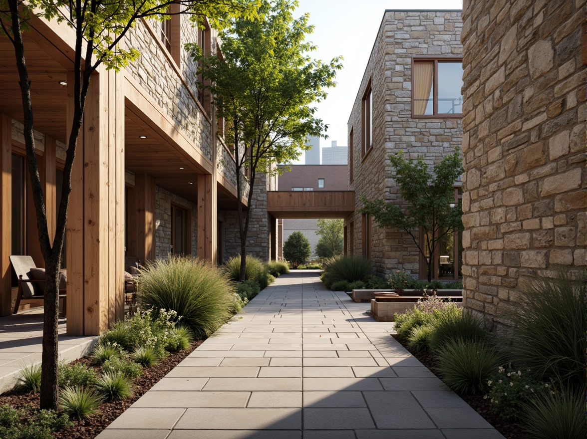 Prompt: Rough stone walls, rustic brick facades, wooden accents, natural wood grain, earthy tones, organic forms, irregular shapes, tactile experiences, 3D modeling, realistic renderings, ambient occlusion, soft warm lighting, shallow depth of field, 2/3 composition, modern architecture, sustainable design, eco-friendly materials, green roofs, living walls, urban landscapes, city skylines, industrial heritage, converted warehouses.