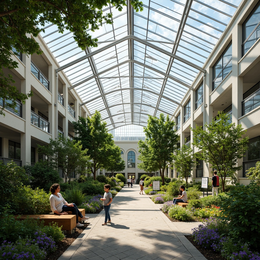 Prompt: Elegant greenhouse, lush greenery, abundant natural light, clerestory windows, skylights, transparent roof panels, steel frames, minimalist architecture, modern academic style, vibrant flowers, educational signs, wooden benches, stone pathways, warm sunny day, soft diffused lighting, shallow depth of field, 1/1 composition, realistic textures, ambient occlusion.