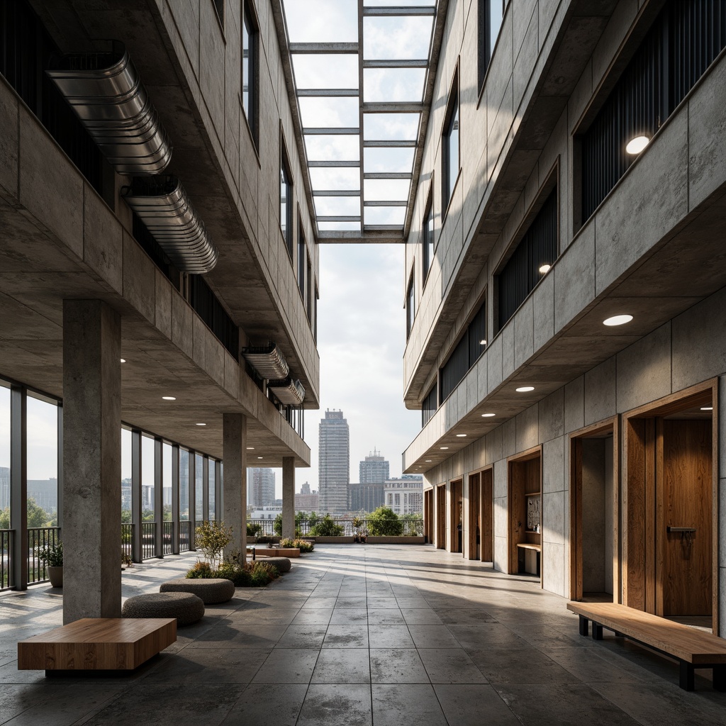 Prompt: Rugged community center, brutalist architecture, raw concrete walls, exposed ductwork, industrial metal beams, natural light pouring in, large skylights, clerestory windows, urban landscape views, gritty cityscape, overcast sky, soft diffused lighting, high contrast shadows, dramatic architectural angles, bold structural elements, minimalist interior design, functional simplicity, communal gathering spaces, reclaimed wood accents, earthy color palette, organic textures, 3/4 composition, cinematic framing, realistic render.