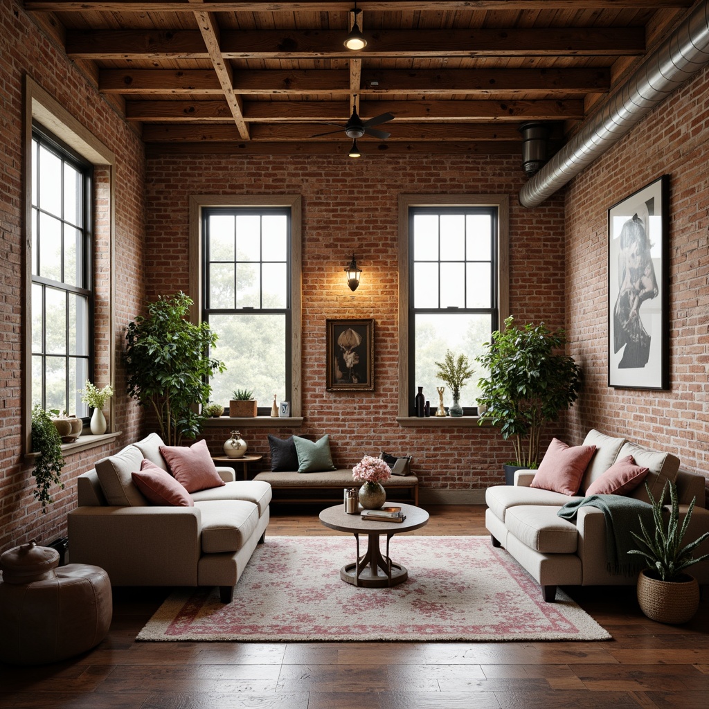 Prompt: Warm industrial loft, exposed brick walls, wooden beams, metal accents, soft warm lighting, cozy atmosphere, rich textiles, plush furnishings, vintage decorative items, distressed finishes, earthy tone color scheme, muted pastels, blush pinks, mauve, sage greens, creamy whites, warm beiges, rustic wood tones, natural stone floors, industrial chic decor, romantic ambiance, intimate setting, soft focus, shallow depth of field, 1/1 composition, realistic textures, ambient occlusion.