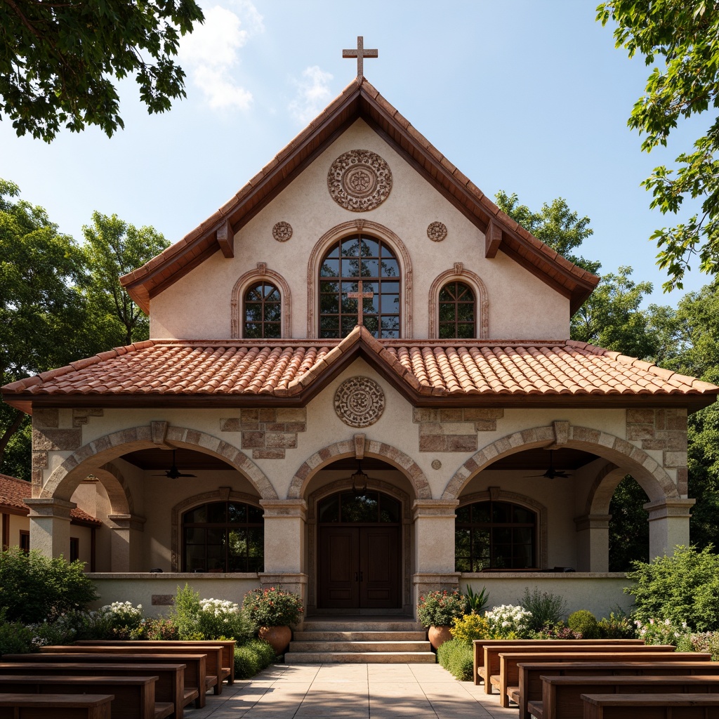 Prompt: Rustic church building, steeply pitched roof, terracotta tiles, ornate stone carvings, stained glass windows, wooden pews, vaulted ceilings, grand entrance doors, intricate stone facades, traditional vernacular style, earthy color palette, natural textures, warm ambient lighting, soft shadows, 1/2 composition, realistic render, detailed architectural elements.