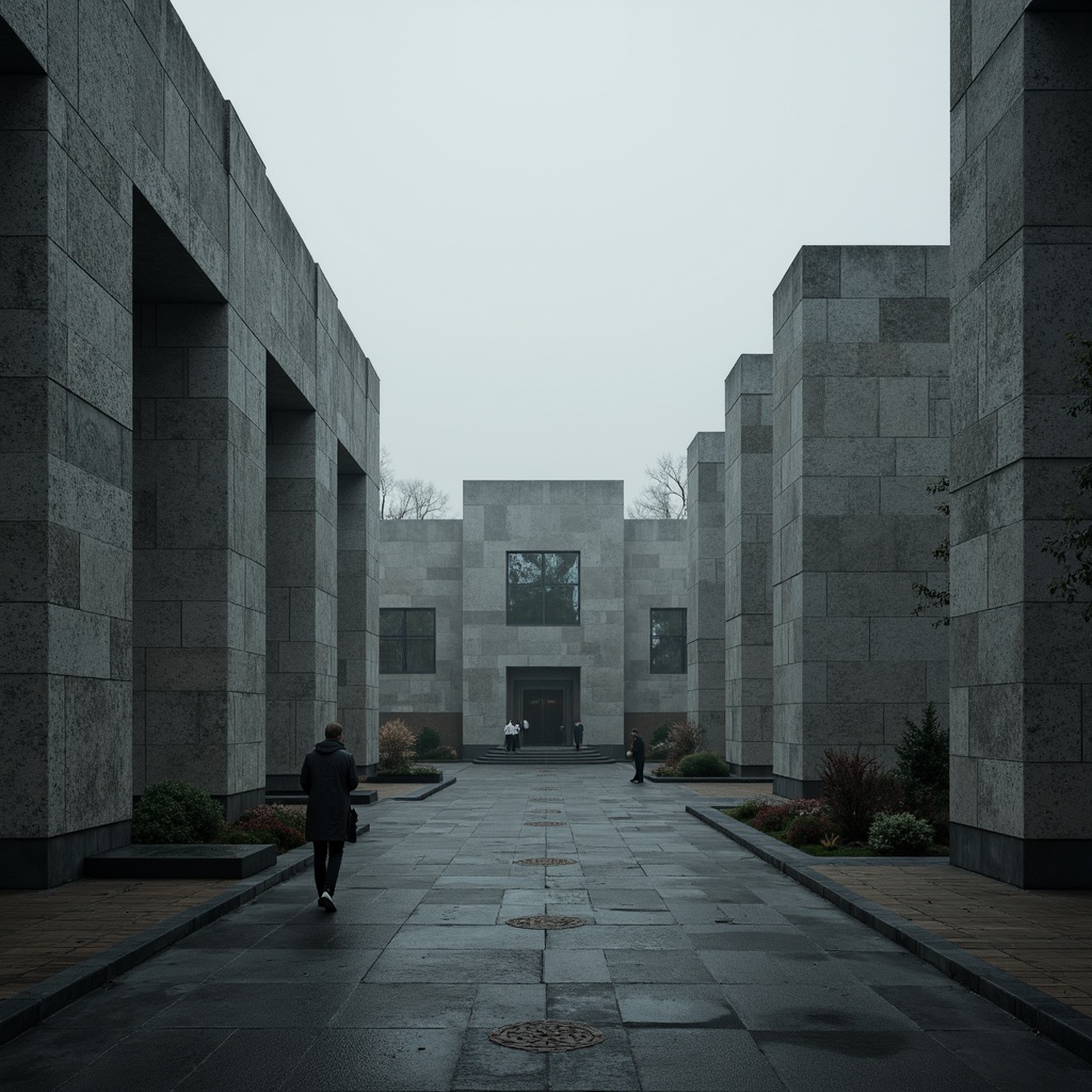 Prompt: Monumental brutalist architecture, rugged concrete textures, fortress-like structures, solemn atmosphere, commemorative plaques, abstract sculptures, geometric shapes, raw industrial materials, dramatic lighting effects, low-angle shots, cinematic composition, muted color palette, overcast skies, misty ambiance, historic significance, poignant memorials, introspective mood, stark simplicity, brutalist aesthetics.