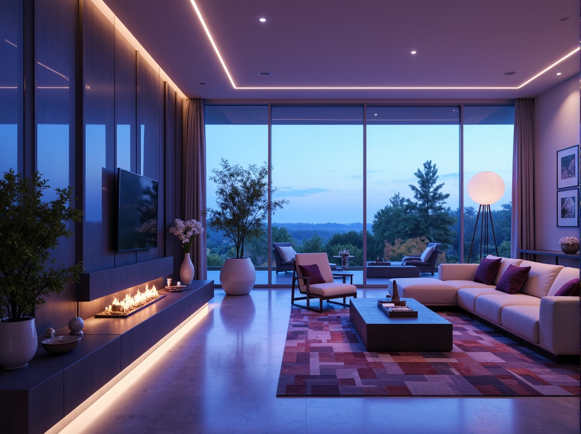 Prompt: Calming atmosphere, soothing blue hues, rich violet accents, modern interior design, spacious open-plan living area, sleek minimalist furniture, polished marble floors, geometric patterned rugs, floor-to-ceiling windows, abundant natural light, soft warm glow, 1/1 composition, shallow depth of field, realistic textures, ambient occlusion.