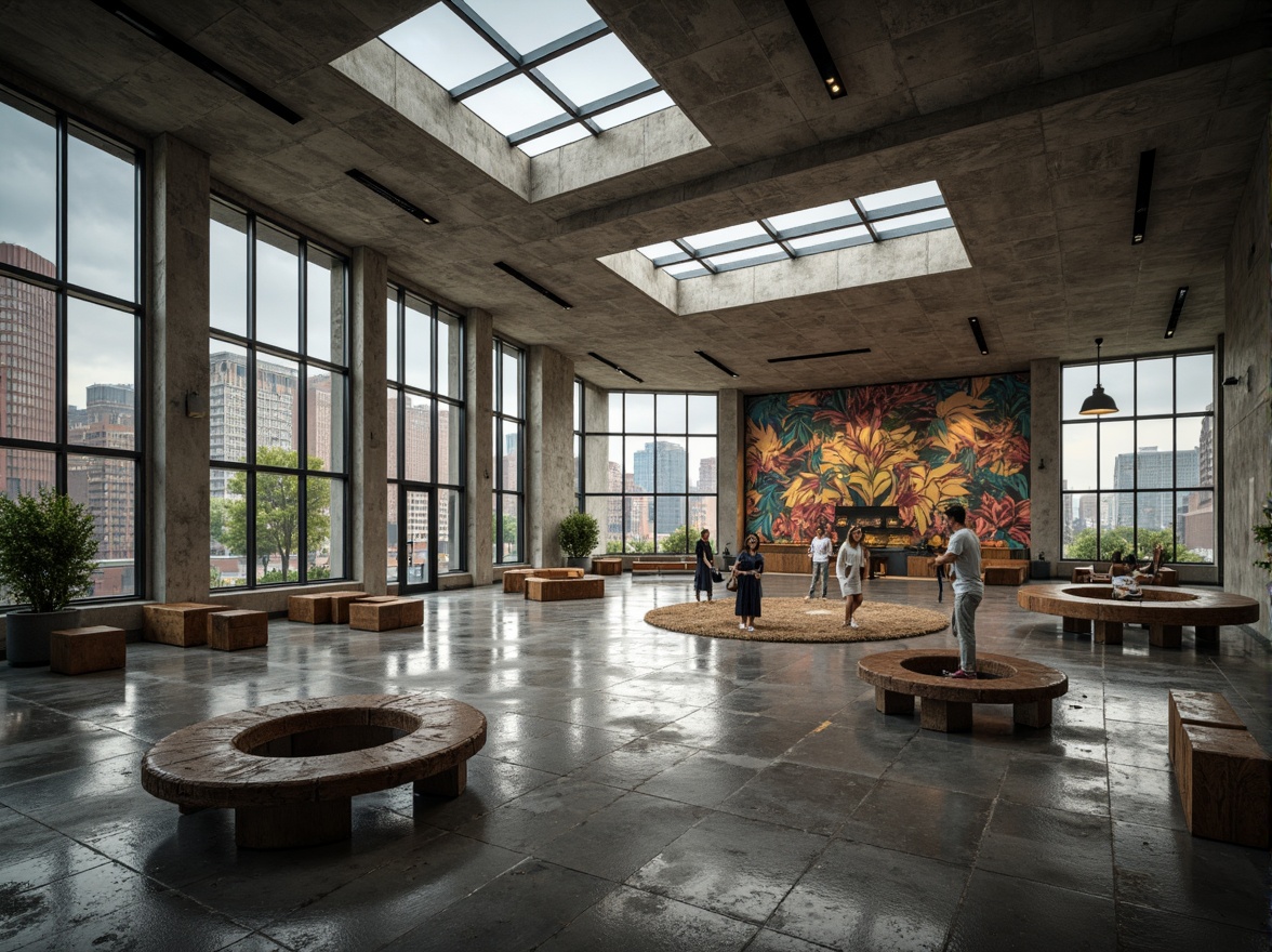 Prompt: Rugged community center, brutalist architecture, raw concrete walls, exposed ductwork, industrial metal beams, natural light pouring in, large skylights, clerestory windows, urban landscape views, gritty cityscape, overcast sky, soft diffused lighting, high contrast shadows, dramatic architectural forms, bold geometric shapes, functional minimalism, communal gathering spaces, reclaimed wood accents, weathered steel features, abstract graffiti art, moody atmospheric tones, cinematic composition, realistic textures, ambient occlusion.