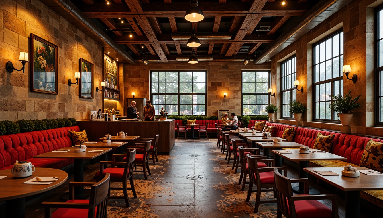 Prompt: Vibrant restaurant interior, rich wood textures, ornate metal fixtures, luxurious velvet fabrics, bold colorful patterns, eclectic decorative accents, distressed stone walls, reclaimed wooden tables, vintage industrial lighting, warm golden tones, dramatic shadows, high contrast ratio, cinematic composition, shallow depth of field, 1/2 camera angle, expressionist brushstrokes, abstract geometric shapes.