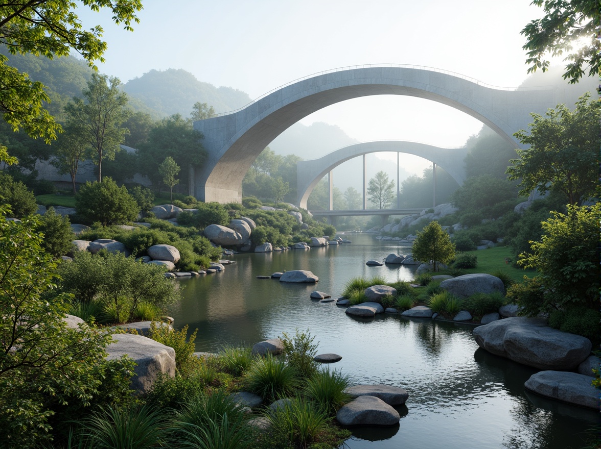 Prompt: Curved bridge silhouette, harmonious landscape integration, lush greenery, meandering waterways, natural stone foundations, sleek modern architecture, fusion of structural elements, dynamic lighting effects, misty atmospheric conditions, shallow depth of field, 1/2 composition, panoramic view, realistic textures, ambient occlusion, vibrant colorful accents, intricate geometric patterns, innovative material usage, sustainable design principles.