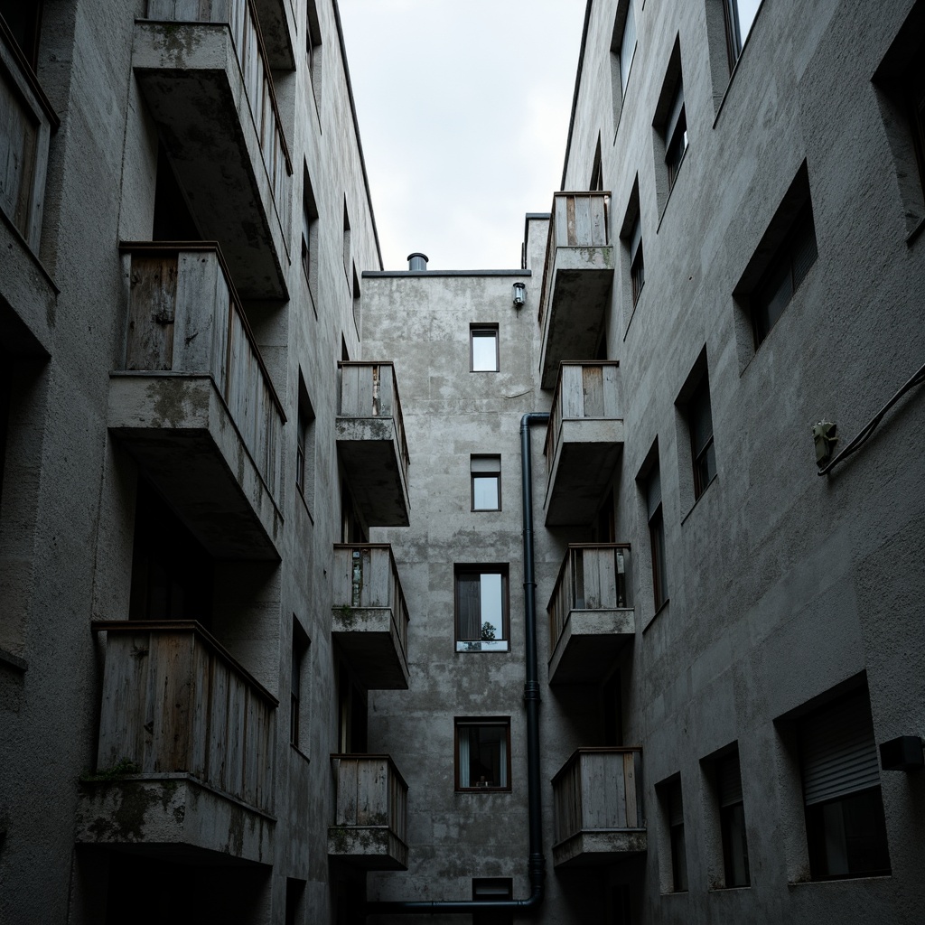 Prompt: Exposed concrete walls, rugged textures, industrial pipes, raw steel beams, minimalist balconies, brutalist architecture, urban cityscape, gloomy overcast sky, dramatic shadows, high-contrast lighting, bold geometric forms, functional simplicity, distressed finishes, poured-in-place concrete, cold monochromatic color palette, 1/1 composition, low-angle shot, cinematic atmosphere, gritty realistic textures.