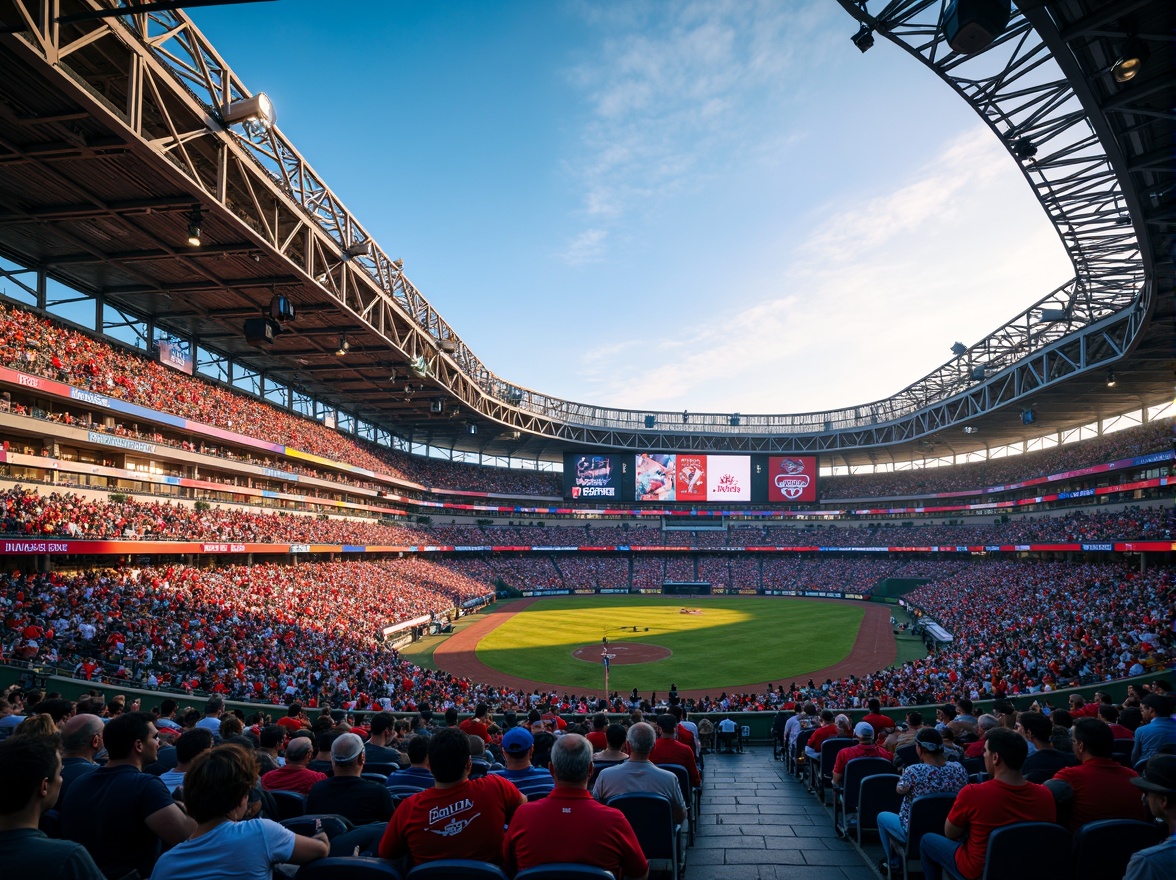 Prompt: Vibrant sports stadium, dynamic color scheme, bold team logos, energetic crowd atmosphere, bright LED lighting, sleek modern architecture, geometric patterns, angular lines, contrasting colors, high-visibility signage, branded concessions, lively entertainment areas, comfortable seating, panoramic views, warm sunny day, shallow depth of field, 3/4 composition, realistic textures, ambient occlusion.